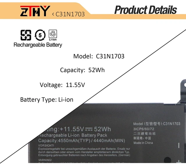 Alt view image 3 of 7 - C31N1703 Laptop Battery Replacement for Asus Zenbook Flip Q505U Q505UA Q525U Q525UA UX561U UX561UA UX561UN Q505UA-BI5T7 Q505UA-BI5T9 Q525UA-BI7T9 UX561UA-BO003T UX561UA-BO052T C31P0J1 11.55V 52Wh
