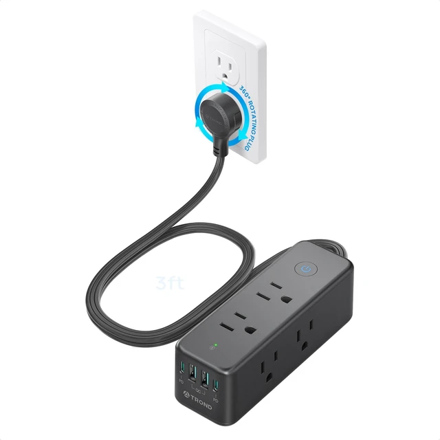 Main image of Surge Protector Power Strip with 360 Rotating Flat Plug, Black Flat Extension Cord 3ft, 6 Widely Spaced Outlets and 2 USB-C PD20W Ports, 1440J Surge Protector for Home Office Dorm