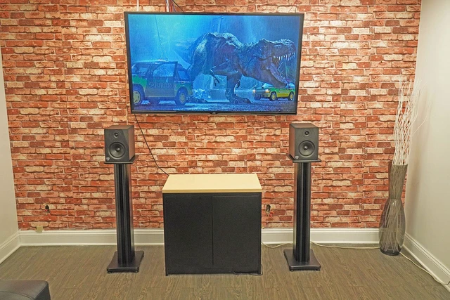 Alt view image 6 of 7 - SS36B Black Wood Grain 36" Solid Home Speaker Stands Pair 100 Lbs Capacity, Solid MDF Wood, Not Hollow, Isolation Pads, Brass and Rubber Spikes, 2 Top Platform Sizes, Cable Management