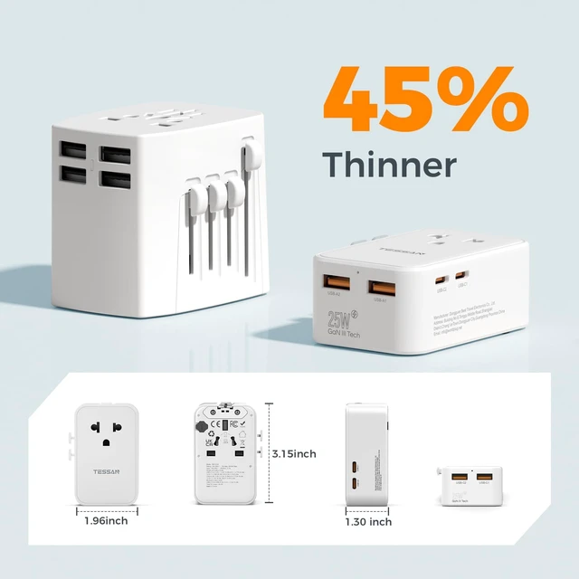 Alt view image 7 of 7 - Universal Travel Adapter PD 25W, White International Power Adapter, Ultra Thin, 2 USB A 2 USB C, US to European UK Australia Ireland, Type C G A I