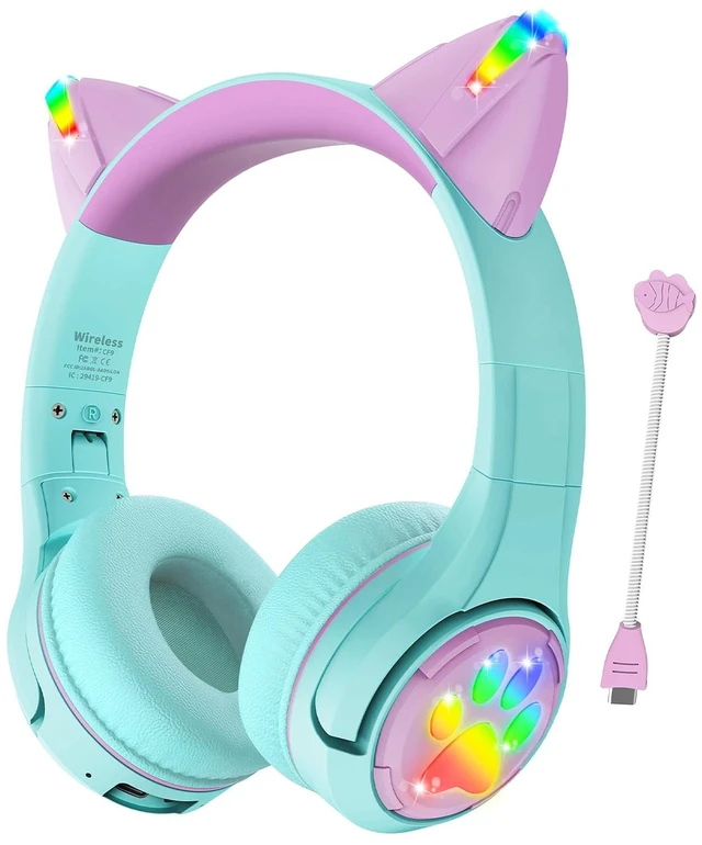 Main image of CF9 Cat Ear Kids Bluetooth Headphones with LED Light Up,Safe 85dB Volume Limit,Built-in Mic&Boom Mic for Calls,Kids Wireless&Wired Headphones for Tablet/Airplane/School/Online Learning (Green)