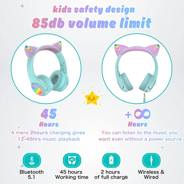 Alt view image 4 of 6 - CF9 Cat Ear Kids Bluetooth Headphones with LED Light Up,Safe 85dB Volume Limit,Built-in Mic&Boom Mic for Calls,Kids Wireless&Wired Headphones for Tablet/Airplane/School/Online Learning (Green)