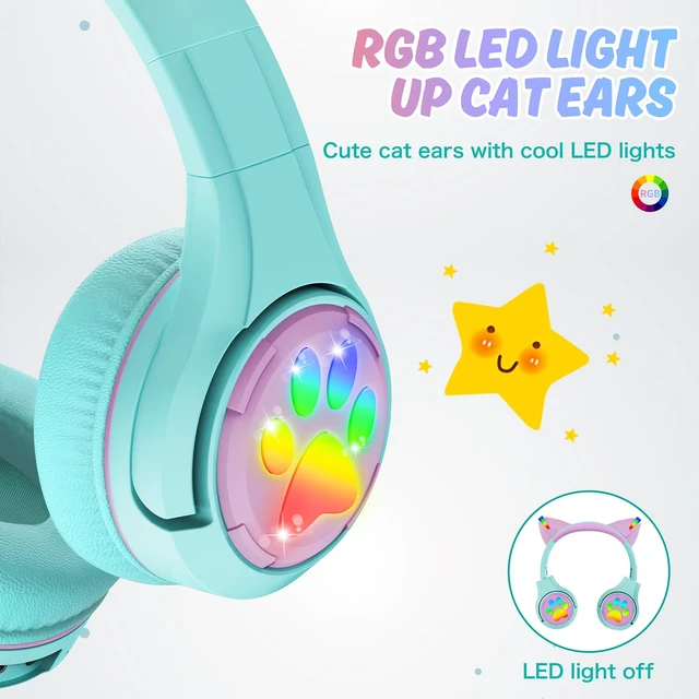 Alt view image 3 of 6 - CF9 Cat Ear Kids Bluetooth Headphones with LED Light Up,Safe 85dB Volume Limit,Built-in Mic&Boom Mic for Calls,Kids Wireless&Wired Headphones for Tablet/Airplane/School/Online Learning (Green)