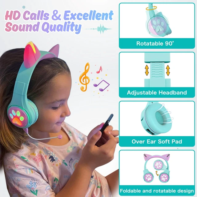Alt view image 2 of 6 - CF9 Cat Ear Kids Bluetooth Headphones with LED Light Up,Safe 85dB Volume Limit,Built-in Mic&Boom Mic for Calls,Kids Wireless&Wired Headphones for Tablet/Airplane/School/Online Learning (Green)