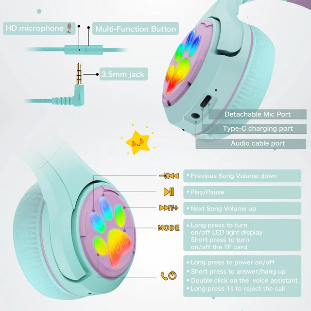 Alt view image 5 of 6 - CF9 Cat Ear Kids Bluetooth Headphones with LED Light Up,Safe 85dB Volume Limit,Built-in Mic&Boom Mic for Calls,Kids Wireless&Wired Headphones for Tablet/Airplane/School/Online Learning (Green)