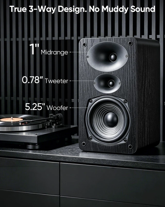 Alt view image 4 of 6 - 3-Way Passive Bookshelf Speakers 5.25inch Woofer 50W*2 Power,48Hz Deep Bass,4,HiFi Audio For Home Theater/Turntable/Stereo Receiver,NEEDS AMPLIFIER, Pair