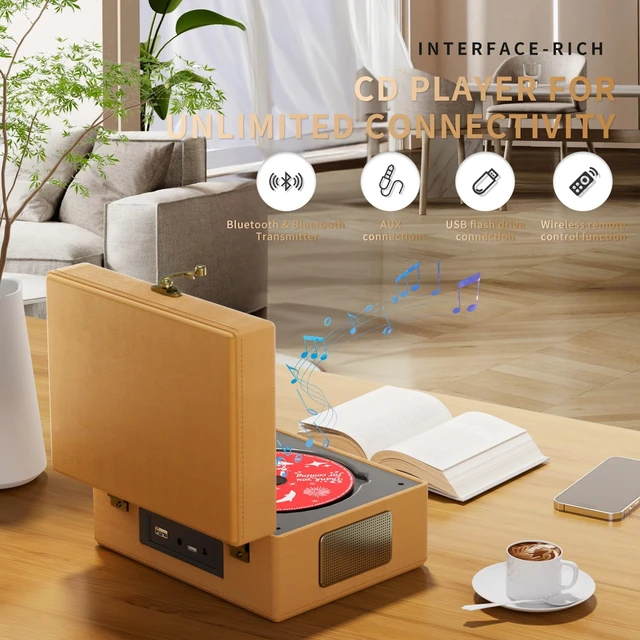 Alt view image 2 of 7 - Rechargeable Leather CD Player with Speakers; Bluetooth Transmitter; Festival Gift; BGM Player for Home Décor (Brown)
