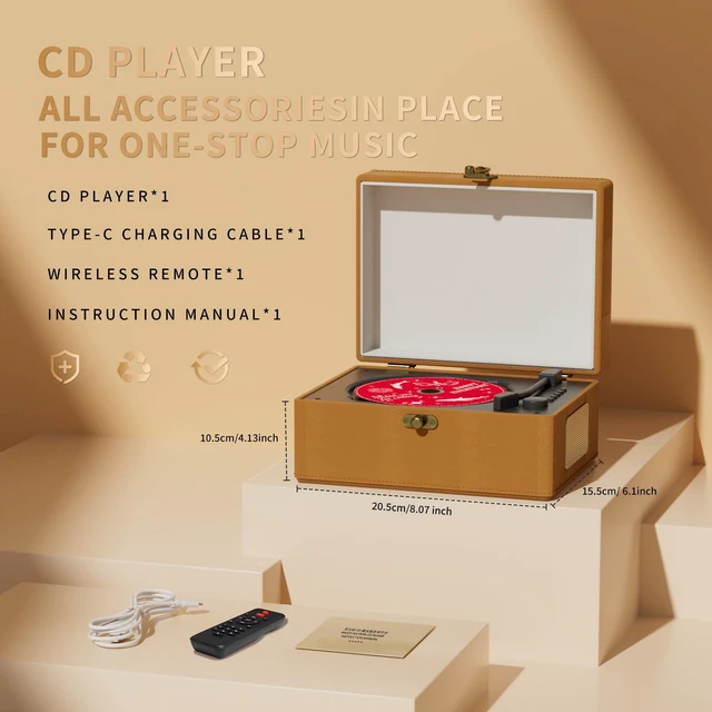 Alt view image 4 of 7 - Rechargeable Leather CD Player with Speakers; Bluetooth Transmitter; Festival Gift; BGM Player for Home Décor (Brown)