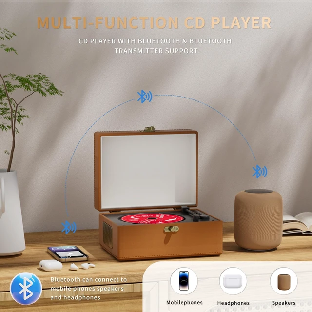 Alt view image 3 of 7 - Rechargeable Leather CD Player with Speakers; Bluetooth Transmitter; Festival Gift; BGM Player for Home Décor (Brown)