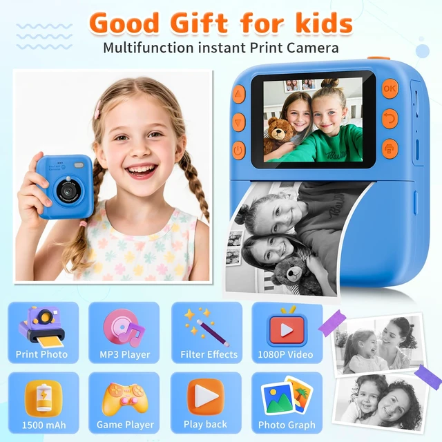 Alt view image 2 of 7 - Instant Print Camera for Kids, Christmas Birthday Gifts for Girls Boys, 1080P Instant Digital Print Cameras for Toddler,Portable Toy for 4 5 6 7 8 9 10 Year Old Girl with 32GB SD CardBlue