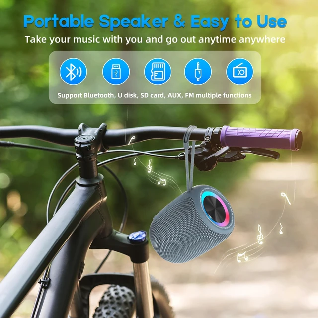 Alt view image 6 of 7 - Portable Bluetooth Speaker, 20W Bass & IPX6 Waterproof Wireless Speaker 16H Playtime, BT5.3 Small Speaker with Multi LED Light Supports USB, FM Radio, AUX/TF Card for Home, Cycling, Outdoor, Beach