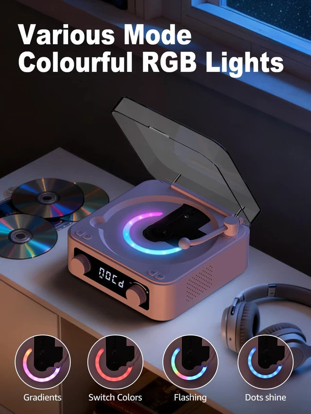 Alt view image 2 of 6 - CD Player with Built-in Speakers Portable Bluetooth Input&Output Desktop CD Players for Home with Screen Display, Ambient Lighting, FM Radio, White Noise Mode, Remote Control, USB Type-c (Pink)