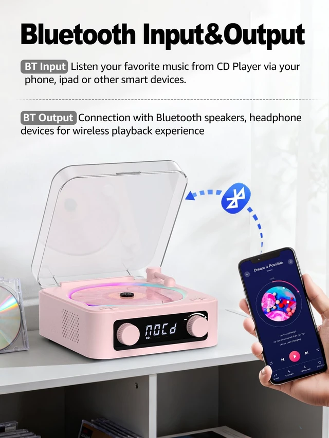 Alt view image 3 of 6 - CD Player with Built-in Speakers Portable Bluetooth Input&Output Desktop CD Players for Home with Screen Display, Ambient Lighting, FM Radio, White Noise Mode, Remote Control, USB Type-c (Pink)