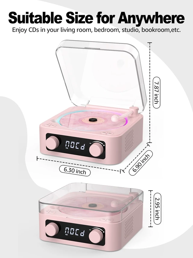 Alt view image 4 of 6 - CD Player with Built-in Speakers Portable Bluetooth Input&Output Desktop CD Players for Home with Screen Display, Ambient Lighting, FM Radio, White Noise Mode, Remote Control, USB Type-c (Pink)