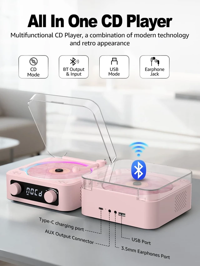 Alt view image 5 of 6 - CD Player with Built-in Speakers Portable Bluetooth Input&Output Desktop CD Players for Home with Screen Display, Ambient Lighting, FM Radio, White Noise Mode, Remote Control, USB Type-c (Pink)