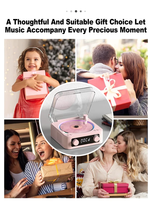 Alt view image 6 of 6 - CD Player with Built-in Speakers Portable Bluetooth Input&Output Desktop CD Players for Home with Screen Display, Ambient Lighting, FM Radio, White Noise Mode, Remote Control, USB Type-c (Pink)