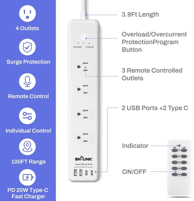 Alt view image 2 of 7 - Remote Control Power Strip with 4 Independent Outlets, 4 USBs 20W USB-C, 3.9Ft Extension Cord, 15A/1875W Overload, Protection for Home Office