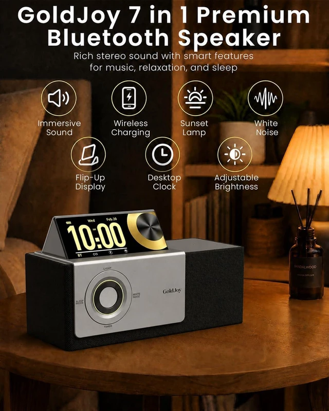 Alt view image 2 of 7 - Bluetooth Speaker Wireless, Charging Station for Home Sleep Gift Sound with Punchy Bass, 7 in 1 Sunset Lamp & White Noise, Smart Flip-Up LCD Display, Clock Syncs Phone's Time and Date