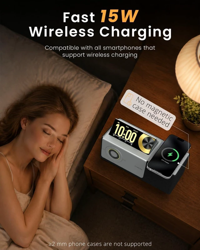 Alt view image 4 of 7 - Bluetooth Speaker Wireless, Charging Station for Home Sleep Gift Sound with Punchy Bass, 7 in 1 Sunset Lamp & White Noise, Smart Flip-Up LCD Display, Clock Syncs Phone's Time and Date