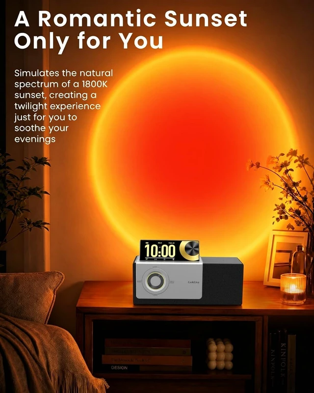 Alt view image 5 of 7 - Bluetooth Speaker Wireless, Charging Station for Home Sleep Gift Sound with Punchy Bass, 7 in 1 Sunset Lamp & White Noise, Smart Flip-Up LCD Display, Clock Syncs Phone's Time and Date
