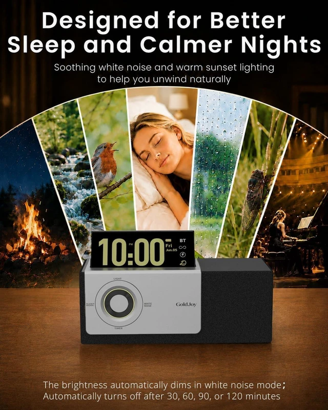 Alt view image 6 of 7 - Bluetooth Speaker Wireless, Charging Station for Home Sleep Gift Sound with Punchy Bass, 7 in 1 Sunset Lamp & White Noise, Smart Flip-Up LCD Display, Clock Syncs Phone's Time and Date