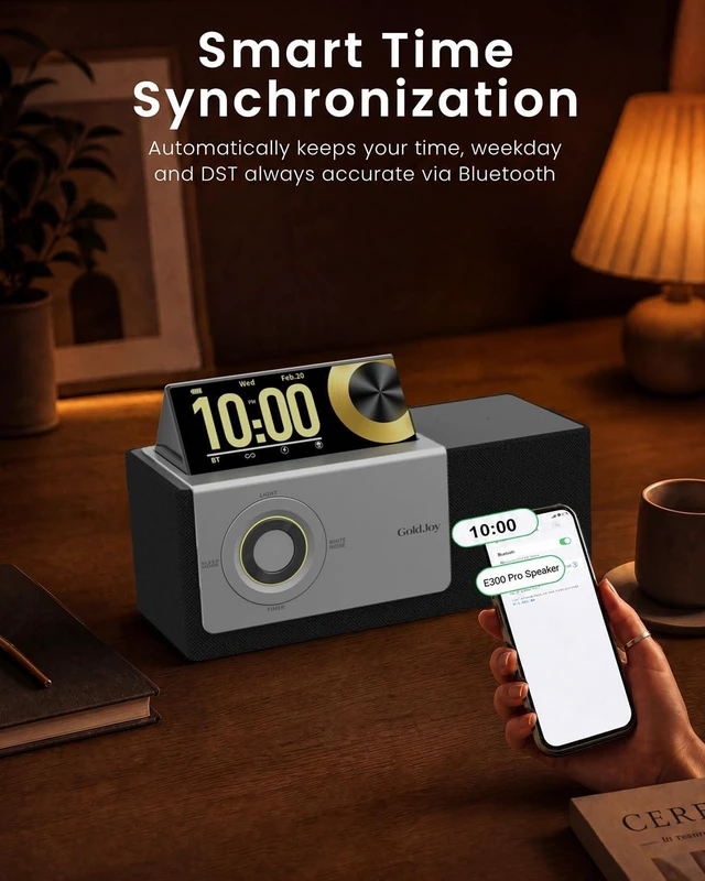 Alt view image 7 of 7 - Bluetooth Speaker Wireless, Charging Station for Home Sleep Gift Sound with Punchy Bass, 7 in 1 Sunset Lamp & White Noise, Smart Flip-Up LCD Display, Clock Syncs Phone's Time and Date