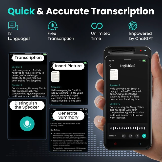 Alt view image 3 of 7 - AI Voice Recorder, 80GB Digital Recorder with Unlimited Transcription, Summarize, Translation, Voice-to-Text Recorder Transcriber Supporting 13 Languages, Voice Recorder with Playback for Lectures