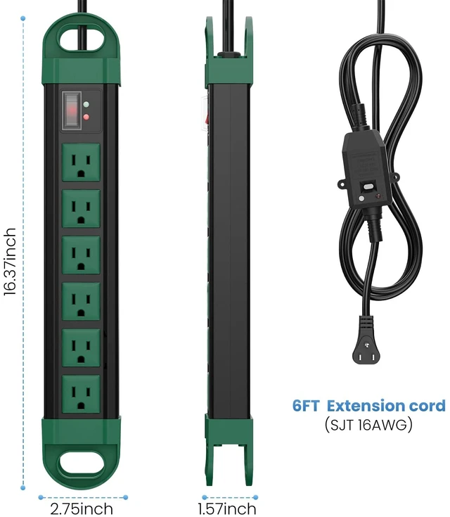 Alt view image 3 of 7 - GFCI Outdoor Power Strip Weatherproof IPX6 Waterproof, Green 6FT Surge Protector 2700J with 6 Plug Extender Port, Exterior Long Extension Cord with Multiple Outlet for Garden Christmas Decor