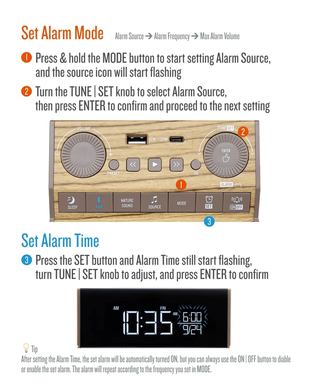 Alt view image 6 of 7 - Sound Rise II, SFQ-16: Bedside Alarm Clock Radio & Bluetooth Speaker, with Large Display Screen, FM Radio, Fast USB Charging, and Nature Sound (Wood Taupe)