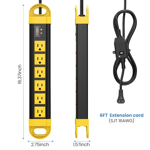 Alt view image 3 of 7 - GFCI Outdoor Power Strip Weatherproof IPX6 Waterproof, Yellow 6FT Surge Protector 2700J with 6 Plug Extender Port, Exterior Long Extension Cord with Multiple Outlet for Garden Christmas Decor