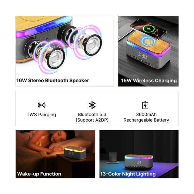 Alt view image 2 of 7 - S300 Bluetooth Speaker with Wireless Charging & LED Lights 16 W Stereo, TWS Pairing, BT 5.3, Wake-Up Function, TF & AUX Inputs, 3600 mAh Battery, for Home, Office & Bedroom
