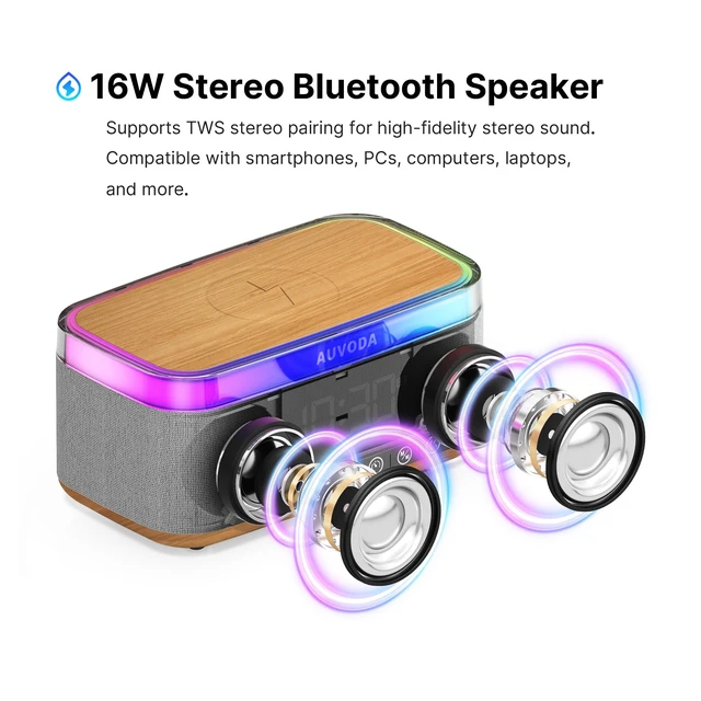 Alt view image 3 of 7 - S300 Bluetooth Speaker with Wireless Charging & LED Lights 16 W Stereo, TWS Pairing, BT 5.3, Wake-Up Function, TF & AUX Inputs, 3600 mAh Battery, for Home, Office & Bedroom