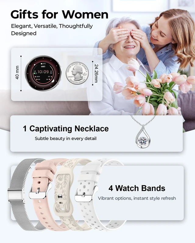 Alt view image 2 of 7 - Smart Watch for Women, 1.27" HD Fitness Tracker with 4 Bands & Necklace Gift Set, Heart Rate SpO2 Sleep Monitor, 120+ Sport Modes, Call & Notifications, Smartwatch for Android iPhone, 40mm Silver
