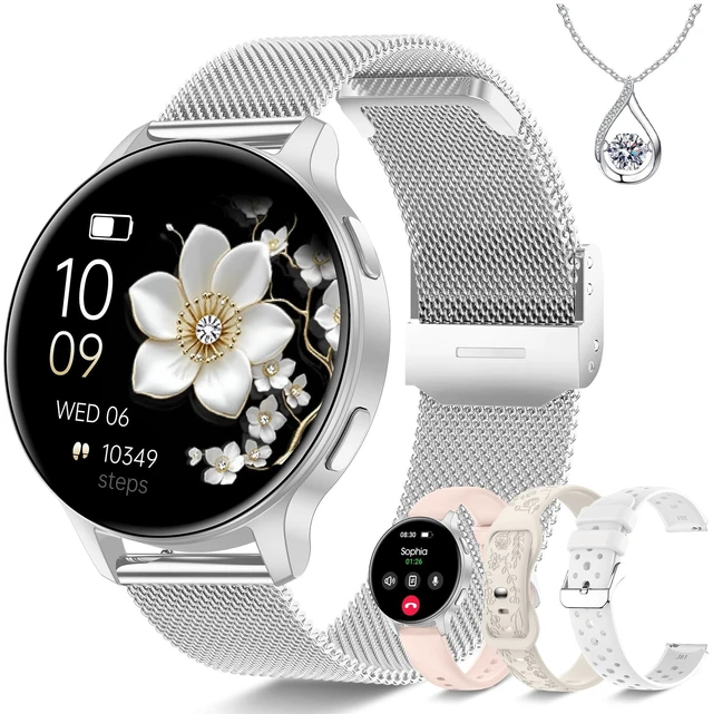 Main image of Smart Watch for Women, 1.27" HD Fitness Tracker with 4 Bands & Necklace Gift Set, Heart Rate SpO2 Sleep Monitor, 120+ Sport Modes, Call & Notifications, Smartwatch for Android iPhone, 40mm Silver