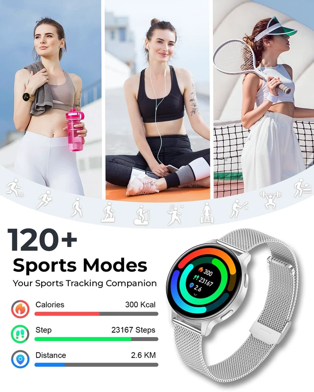 Alt view image 6 of 7 - Smart Watch for Women, 1.27" HD Fitness Tracker with 4 Bands & Necklace Gift Set, Heart Rate SpO2 Sleep Monitor, 120+ Sport Modes, Call & Notifications, Smartwatch for Android iPhone, 40mm Silver