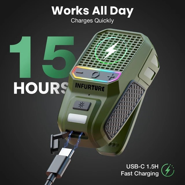 Alt view image 2 of 7 - Wearable Bluetooth Speaker with RGB/Flashlight Clip On Speaker,Waterproof Shower Speake-Built-in Noise Reduction Mic for Hands-Free Music/Calls-for Work/Riding/Golf/Outdoor(Green)