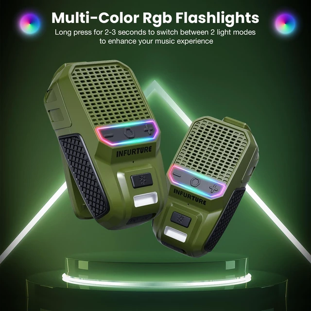 Alt view image 6 of 7 - Wearable Bluetooth Speaker with RGB/Flashlight Clip On Speaker,Waterproof Shower Speake-Built-in Noise Reduction Mic for Hands-Free Music/Calls-for Work/Riding/Golf/Outdoor(Green)
