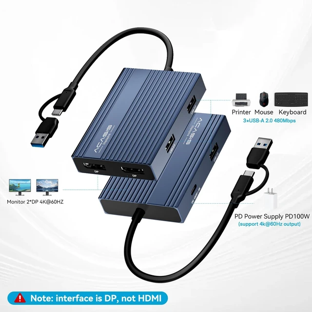 Alt view image 2 of 7 - Dual DP DisplayLink Adapter for M1/M2/M3/M4 MacBook Air/Pro 4K@60Hz DisplayPort Docking Station, 2 DP & 3 USB-A, 100W PD Charging (Support Video Transmission,No HDMI, Driver Required)