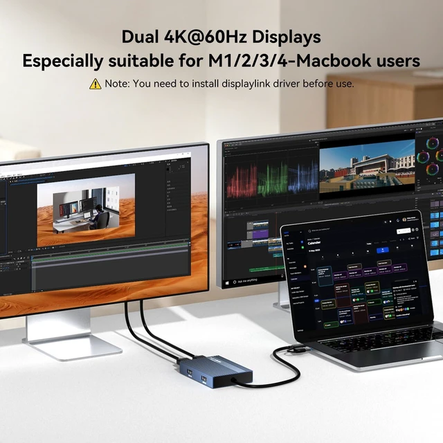 Alt view image 3 of 7 - Dual DP DisplayLink Adapter for M1/M2/M3/M4 MacBook Air/Pro 4K@60Hz DisplayPort Docking Station, 2 DP & 3 USB-A, 100W PD Charging (Support Video Transmission,No HDMI, Driver Required)