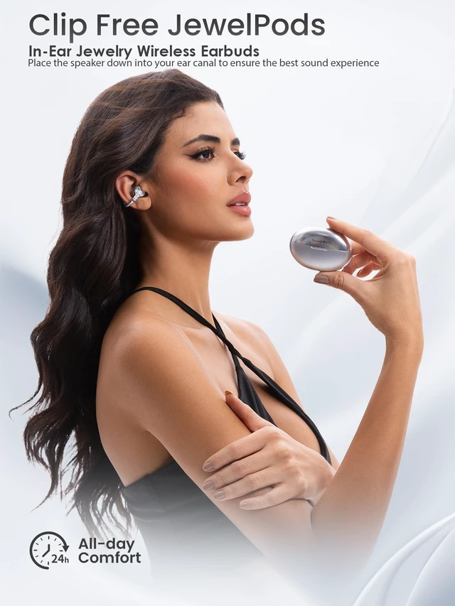 Alt view image 2 of 7 - JewelPods C3 Wireless Bluetooth Earbuds, Jeweled Open-Ear Headphones, SLV Ultra-Light Memory Wire Clip-On Earrings for All-Day Comfort, 60H Playtime, Sweat & Water Resistant, Premium Sound