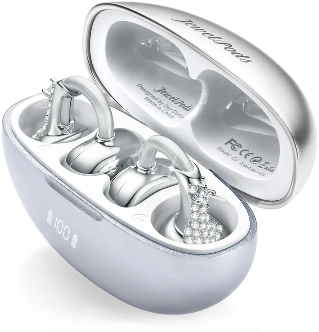 Main image of JewelPods C3 Wireless Bluetooth Earbuds, Jeweled Open-Ear Headphones, SLV Ultra-Light Memory Wire Clip-On Earrings for All-Day Comfort, 60H Playtime, Sweat & Water Resistant, Premium Sound
