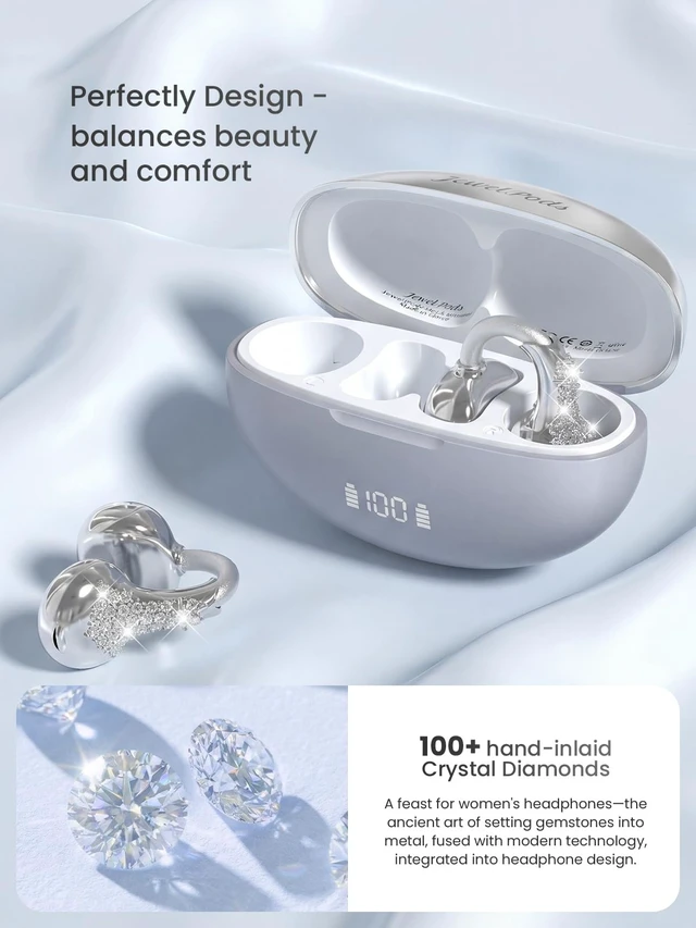 Alt view image 3 of 7 - JewelPods C3 Wireless Bluetooth Earbuds, Jeweled Open-Ear Headphones, SLV Ultra-Light Memory Wire Clip-On Earrings for All-Day Comfort, 60H Playtime, Sweat & Water Resistant, Premium Sound