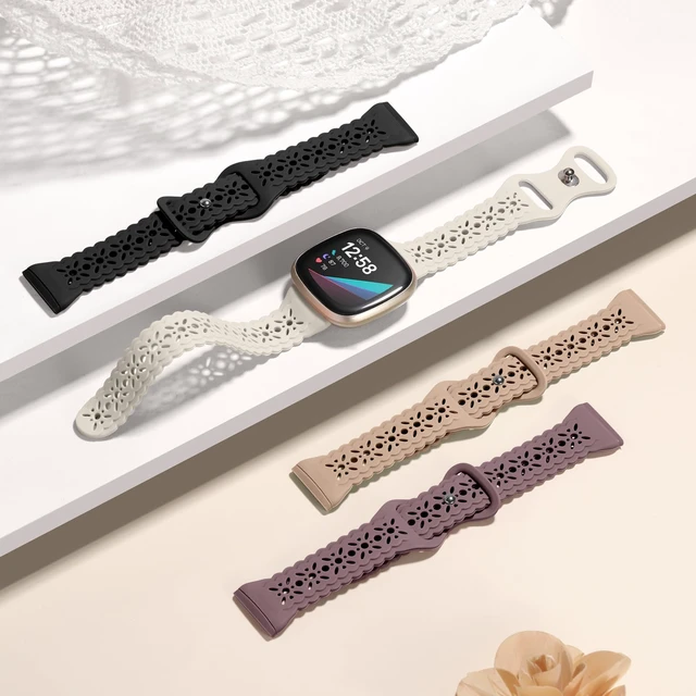Alt view image 3 of 7 - 4 pack Lace Silicone Band Compatible for Fitbit Sense Bands/Fitbit Versa 3 Bands Women/Fitbit Versa 4 Bands/Sense 2 Bands, Soft Ultrathin Hollow-out Sport Watch Strap Replacement Wristbands