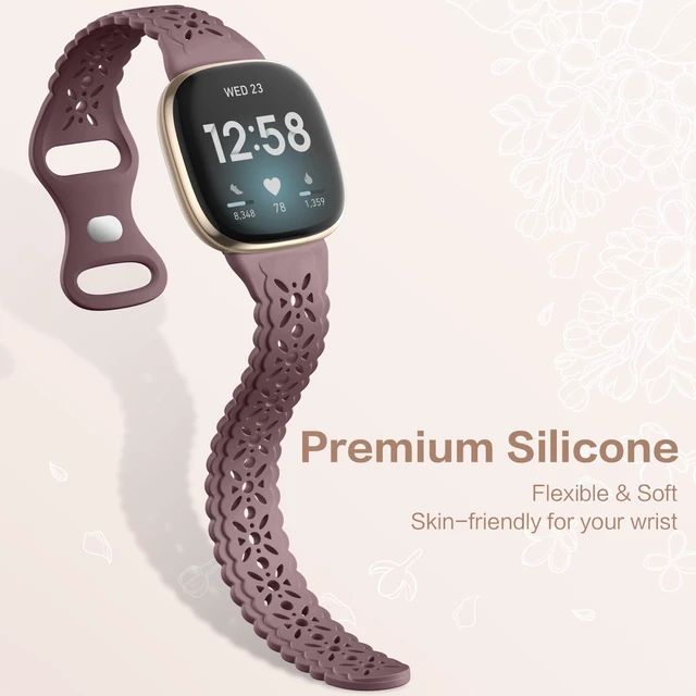 Alt view image 4 of 7 - 4 pack Lace Silicone Band Compatible for Fitbit Sense Bands/Fitbit Versa 3 Bands Women/Fitbit Versa 4 Bands/Sense 2 Bands, Soft Ultrathin Hollow-out Sport Watch Strap Replacement Wristbands