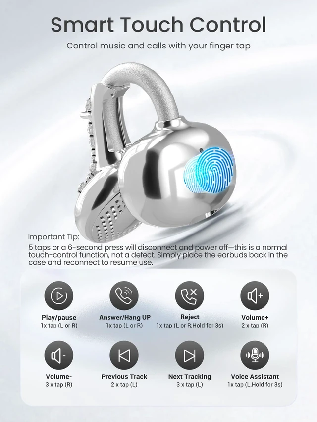 Alt view image 6 of 7 - JewelPods C3 Wireless Bluetooth Earbuds, Jeweled Open-Ear Headphones, SLV Ultra-Light Memory Wire Clip-On Earrings for All-Day Comfort, 60H Playtime, Sweat & Water Resistant, Premium Sound