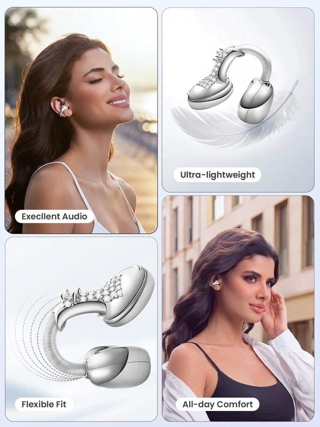 Alt view image 5 of 7 - JewelPods C3 Wireless Bluetooth Earbuds, Jeweled Open-Ear Headphones, SLV Ultra-Light Memory Wire Clip-On Earrings for All-Day Comfort, 60H Playtime, Sweat & Water Resistant, Premium Sound