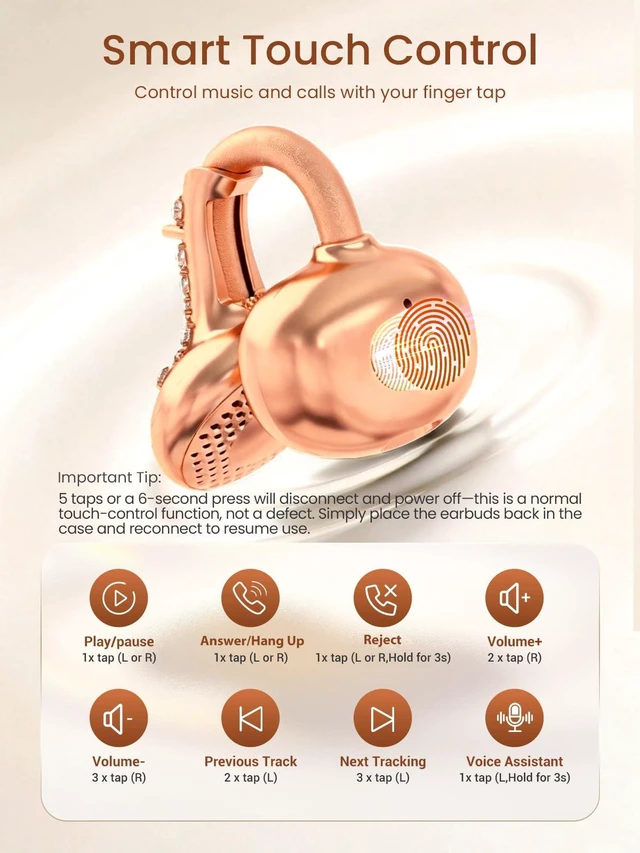 Alt view image 6 of 7 - JewelPods C3 Wireless Bluetooth Earbuds, Jeweled Open-Ear Headphones, Pink Ultra-Light Memory Wire Clip-On Earrings for All-Day Comfort, 60H Playtime, Sweat & Water Resistant, Premium Sound