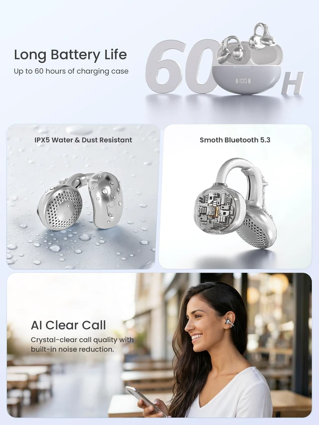 Alt view image 7 of 7 - JewelPods C3 Wireless Bluetooth Earbuds, Jeweled Open-Ear Headphones, SLV Ultra-Light Memory Wire Clip-On Earrings for All-Day Comfort, 60H Playtime, Sweat & Water Resistant, Premium Sound