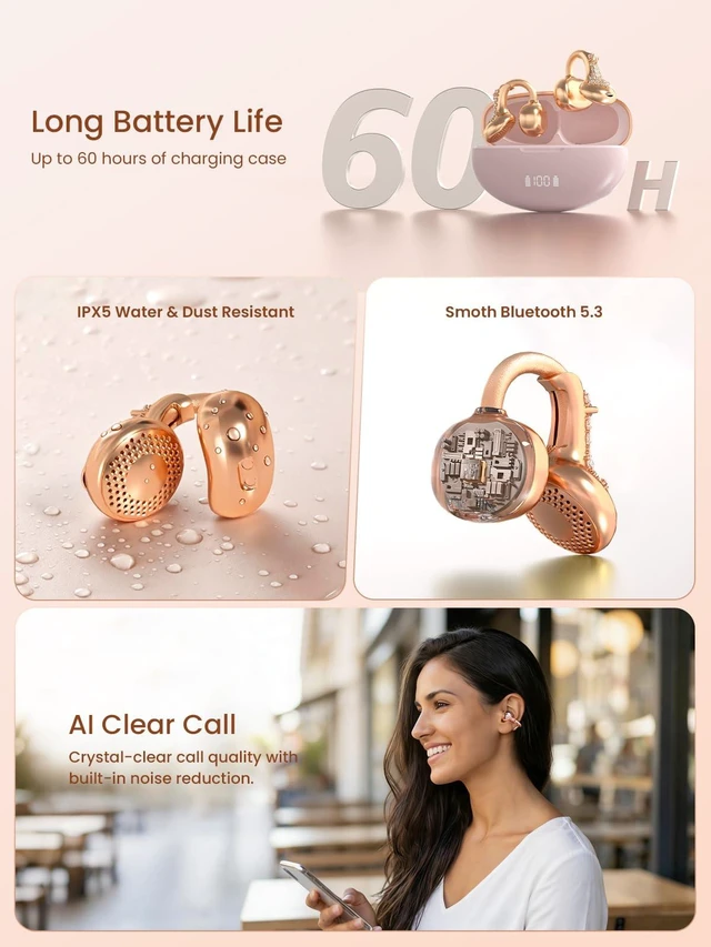 Alt view image 7 of 7 - JewelPods C3 Wireless Bluetooth Earbuds, Jeweled Open-Ear Headphones, Pink Ultra-Light Memory Wire Clip-On Earrings for All-Day Comfort, 60H Playtime, Sweat & Water Resistant, Premium Sound