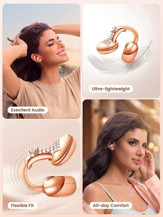 Alt view image 5 of 7 - JewelPods C3 Wireless Bluetooth Earbuds, Jeweled Open-Ear Headphones, Pink Ultra-Light Memory Wire Clip-On Earrings for All-Day Comfort, 60H Playtime, Sweat & Water Resistant, Premium Sound